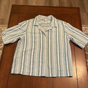 L.L. Bean Cotton Button Up Short Sleeve cotton. Green white striped. Medium.